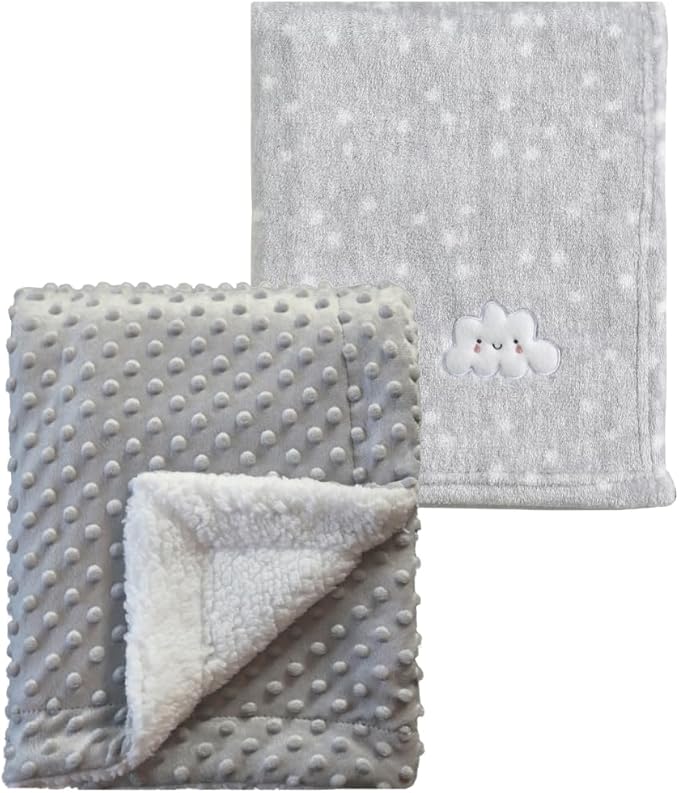 CREVENT 2Pcs 30''X40'' Cute Cozy Fluffy Warm Baby Blankets for Infants Toddlers' Bedding Crib Cot Stroller - Grey Cloud + Grey Sherpa
