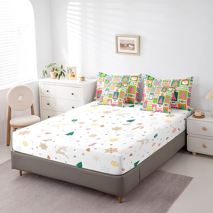 Feelyou Christmas Bed Set Snowman Christmas Tree Print Kawaii Comforter Set with Sheets Xmas Santa Claus Bed in a Bag for Kids Girls New Year Theme Bedding Set Bedroom Collection King Size