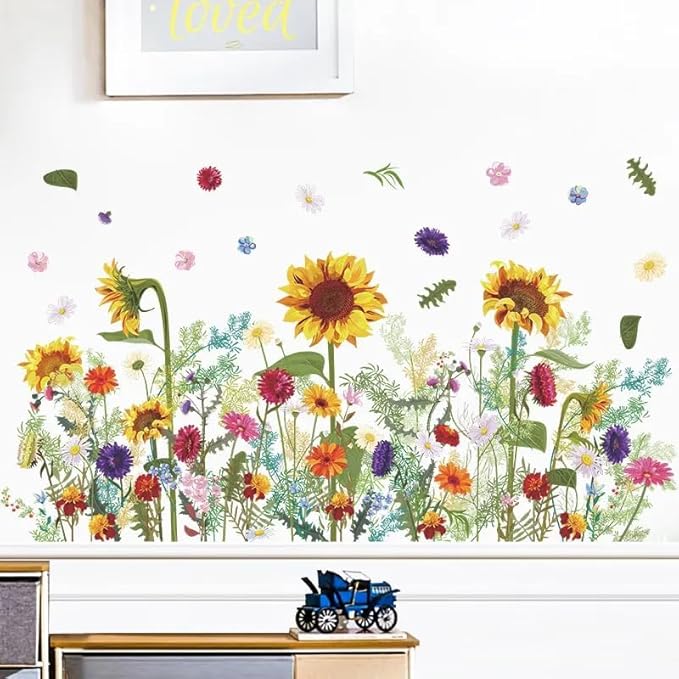 12x36 Inch Set - Floral Wall Decals for Decor, Watercolour Weeds Wildflower Wall Stickers Decals, Colorful Flower Floral Wallpaper Mural for Nursery Kitchen Home (Floral Design #8)