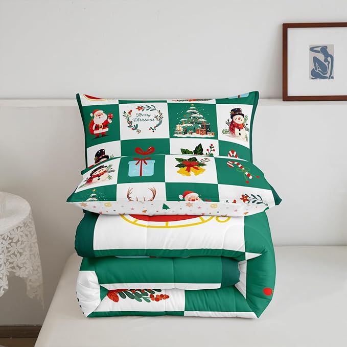 Erosebridal Merry Christmas Quilt King Size for Kids Teens Santa Claus Xmas Tree Bedding Set Cartoon Deer Snowman Comforter Set with 2 Pillow Cases