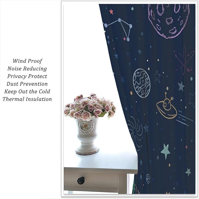 Navy Blue Space Curtains, Cartoon Outer Space Stars Planets Theme Galaxy Curtains for Kids Teens Bedroom Nursery Toddlers Room Decor 42" W X 45" L