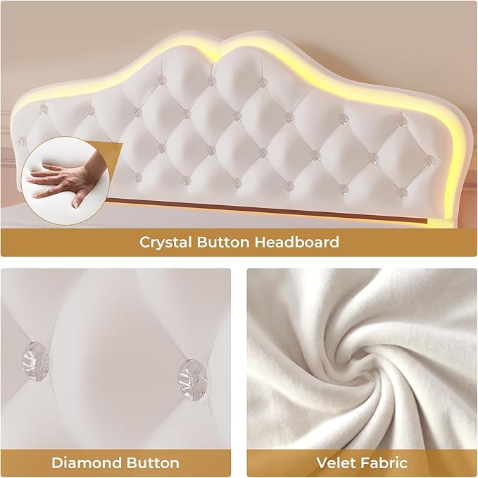 ADORNEVE Full Bed Frame with RGB LED Lights, Princess Bed Frame with Adjustable Crystal Button Headboard, Velvet Upholstered Platform Bed for Girls, Solid Wooden Slats, Easy Assembly, Creamy White