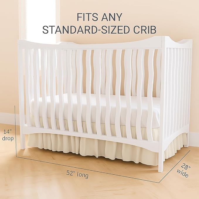 Crib Bed Skirt Dust Ruffle with Split Corners, 100% Cotton, Ivory Nursery Crib Skirt for Baby Boys or Girls, 28x52, 14" Drop, Toddler Bed Skirt, Baby Bedding, Crib Sheet Skirt, Soft & Breathable