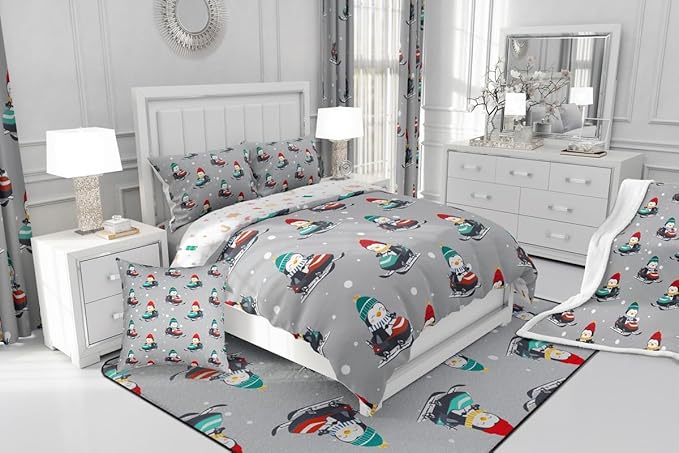 Feelyou Christmas Comforter Set All Season Gray Penguin Bedding Set with 2 Pillow Cases Cartoon Penguin Skiing Microfiber Kids Full Bedclothes Snowflake Bedroom Decor Duvet Quilt Breathable Soft