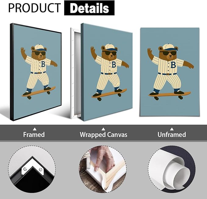 Skateboard Canvas Wall Art, Nursery Animal Sports Posters, Fashion Sunglasses Bear Athletes Pictures, No.1 Kiddo Inspirational Quote Print, Funny Skateboard Rabbit Dog Painting 12x16in Framed
