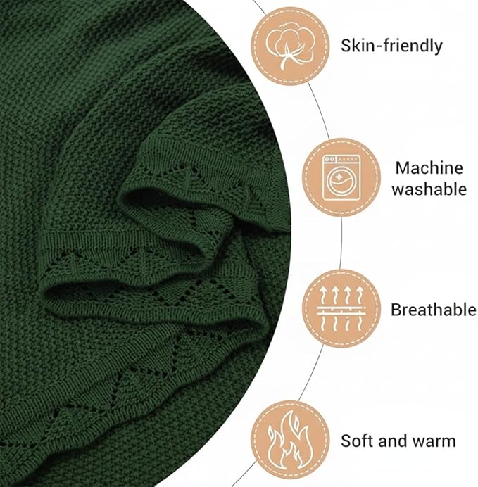 Baby Knit Blanket Soft Breathable Cotton Scallop Border Blankets Newborn Knitted Blanket Swaddle Blankets Gifts for Baby Newborn Toddler Shower Boy Girl New Mom Birthday Christmas Green 30x40