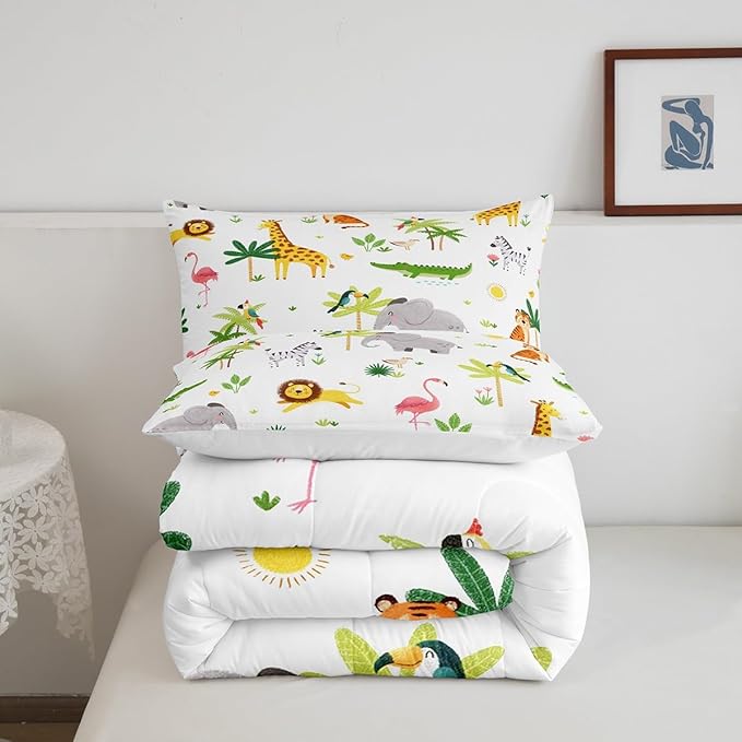 Feelyou Kids Safari Animal Bedding Set Twin, Nursery Baby Boy Cartoon Lion Jungle Comforter Set Woodland Forest Wildlife Comforter for Kids Boys Girls Kawaii Flamingo Duvet Set 2Pcs