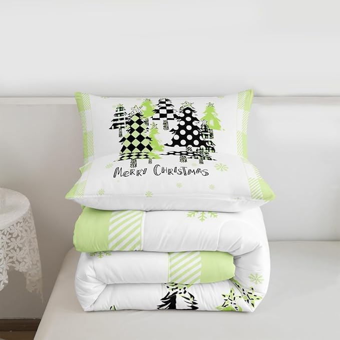 Manfei Xmas Trees Comforter Set Queen Size, Green Plaid Grid Snowflake Bedding Set 3pcs for Kids Girls Adults Bedroom Decor, Christmas Theme Down Comforter New Year Quilt Set with 2 Pillowcases
