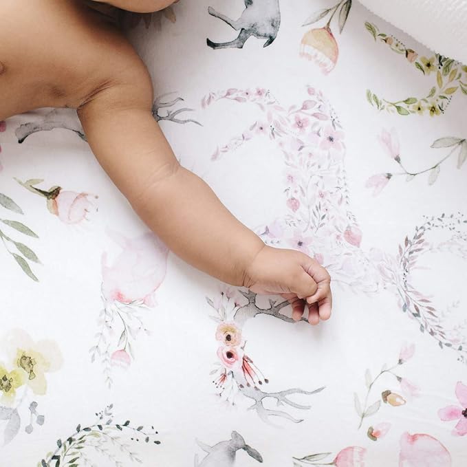 Oilo Crib Sheet, Breathable, Fitted, Turkish Cotton Jersey, 300 Thread Count, Machine Washable, Fits Standard Crib (28" x 52" x 6"), Toddler Bedding, Girl, Boy, & Neutral Nursery Design, Woodland Fawn