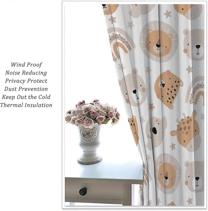 Cartoon Boho Animal Curtains,Funny Forest Safari Print,Cute African Wildlife Koala Giraffe Lion Leopard Bear Rainbow Blackout Window Drapes for Boys Girls Kids Baby Child Bedroom 63x72in