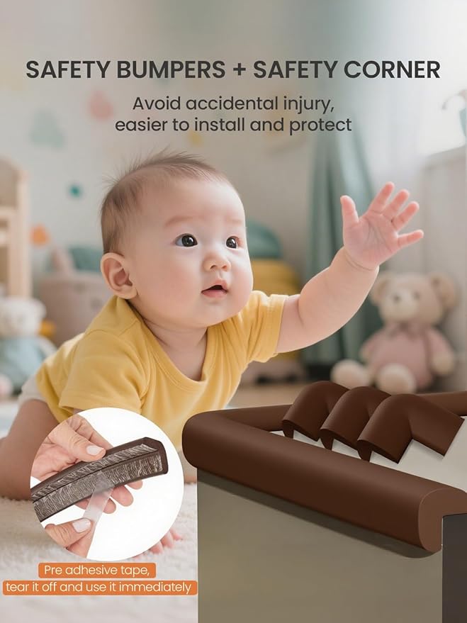Baby Proof Edge Corner Protector, 16.4FT 0.47''Th L-Shape Furniture Corner & Edge Safety Bumper with 10 Corners, Pre-Taped, Soft NBR Rubber Foam Desk Edge Cushion Wall Corner Protector(Dark Brown)