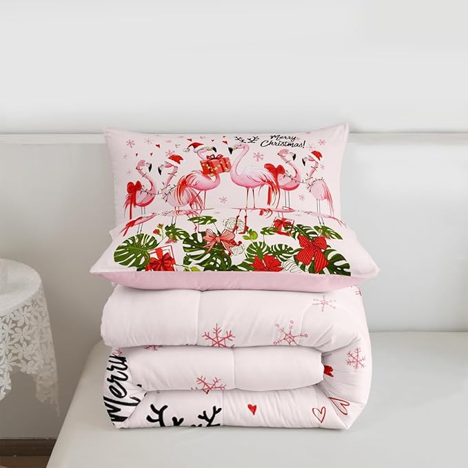 Merry Christmas Comforter Set Queen Size,Pink Flamingo Cartoon Bird Animal Bedding Set for Women Adult,Winter Snowflake Green Leaves Luxury Bed Duvet Insert, 2 Pillowcases