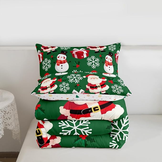 jejeloiu Merry Christmas Comforter Set Twin Size Xmas Santa Claus Bedding Set for Kids Boys Girls Cute Snowman Duvet Quilt Green Bedroom Decor