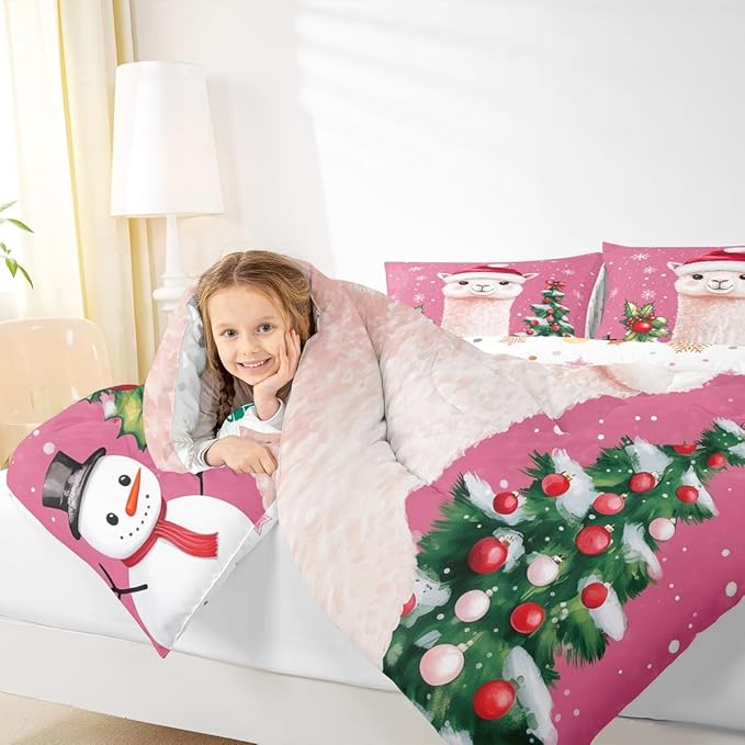 Feelyou Merry Christmas Bedding Set Soft for Boys Girls, Cute Llama Comforter Set Full Size Snowflake Duvet Quilt Microfiber Christmas Tree Bedroom Decor 3 Pcs with 2 Pillow Cases
