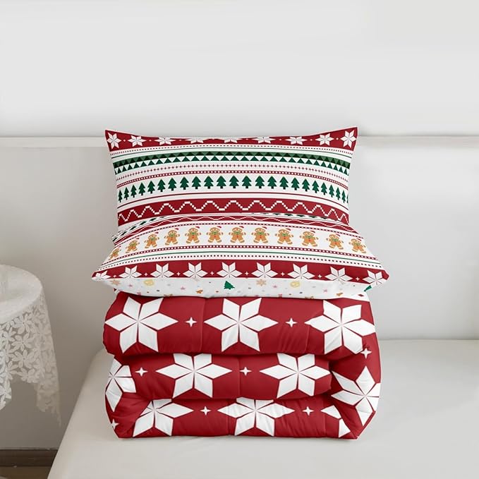 Feelyou Merry Christmas Bedding Set Soft for Boys Girls, Gingerbread Man Comforter Set Twin Size Duvet Quilt Microfiber Striped Bedroom Decor 2 Pcs with 1 Pillow Cases