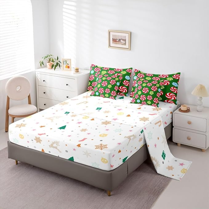 Feelyou Christmas Candy Comforter Set Queen Size 7 Pieces Cute Swirl Candy Bedding Set for Kids Boys Girls Red and Green Blue Sweet Bed in a Bag Reversible Xmas Decor Bedroom Quilted Breathable Soft