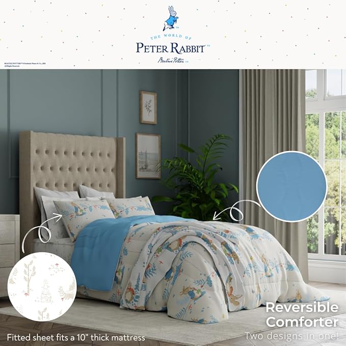 Franco Peter Rabbit Kids Bedding Super Soft & Cozy Reverisble Microfiber Comforter and Sheet Set with Sham, 5 Piece Twin Size, (Officially Licensed Product)