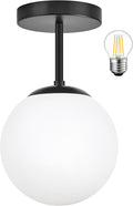Mid Century Modern Globe Semi Flush Mount Ceiling Light Fixture Frosted Glass with Black Finish1-Light Globe Glass Ceiling Lights for Aisle Porch Stairway Closet Kitchen Laundry Room (Bulb Incl.)