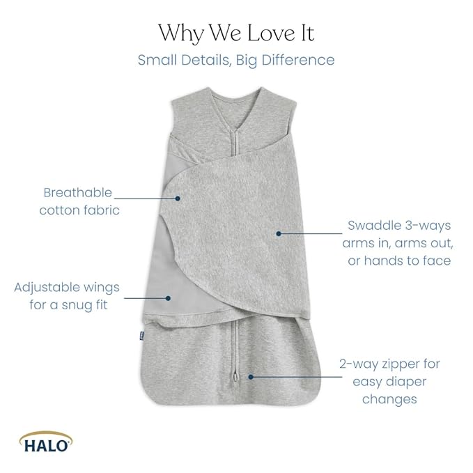HALO Sleepsack 3-Way Adjustable Baby Swaddle, 100% Cotton - Neutral Triangles, Newborn