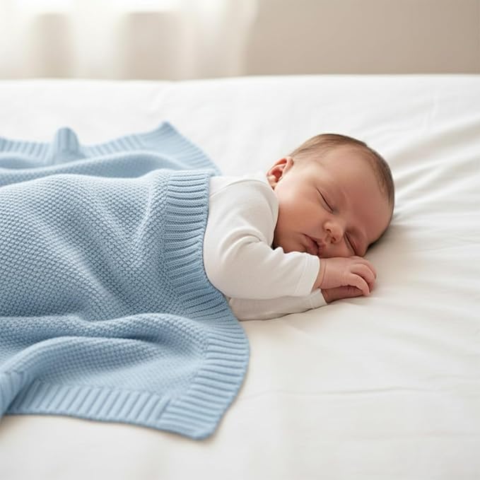 Baby Knit Blanket Soft Cotton Lightweight Newborn Blanket for Crib Stroller Toddler Nursery Shower Gift Cozy Breathable Travel Swaddle Wrap Baby Blue 30 x 30 Inches