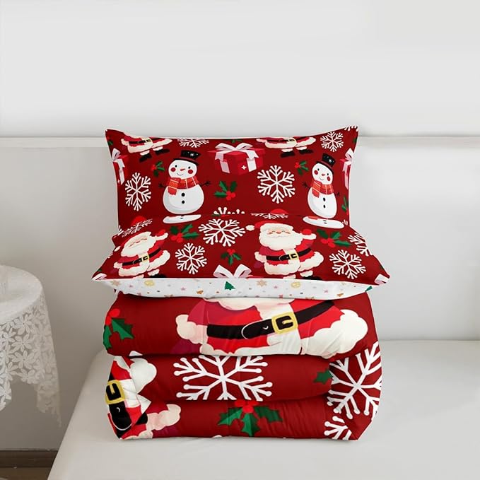 jejeloiu Merry Christmas Comforter Set Full Size Xmas Santa Claus Bedding Set for Kids Boys Girls Cute Snowman Duvet Quilt Red Bedroom Decor