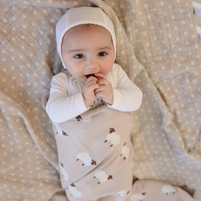 Baby Swaddle Blanket - 100% Luxury Cotton Knit Soft Cozy Lightweight Unisex Receiving Stroller Quilt Blanket for Shower Gift Registry for Newborns Infants Toddlers (Sheep - Khaki)