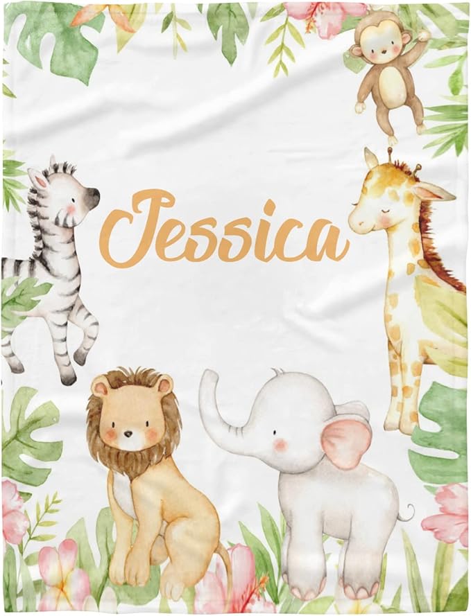 Personalized Safari Cute Animals Tropical Baby Blanket with Name for Girls Boys Custom Nursery Kids Blankets for Baby Shower Birthday Gifts Customized Baby Throw Soft Fleece 30 x 40 inch