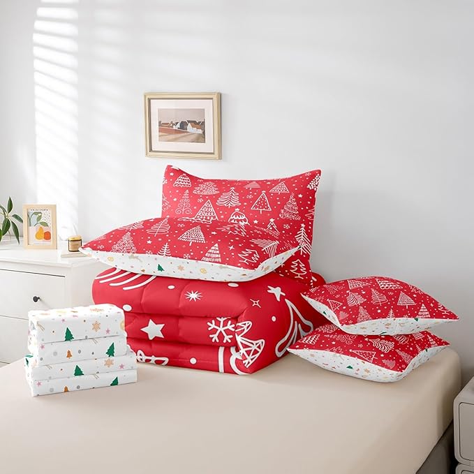 Feelyou Merry Christmas Bed Set Xmas Tree Cute Comforter Set with Sheets Red Chic Bed in a Bag Kawaii Stars Cartoon Bedding Set Bedroom Collection Twin Size