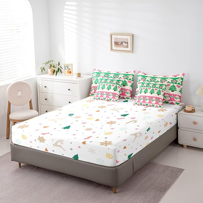 Feelyou Christmas Tree Bedding Set for Kids Boys Girls Cute Cartoon Gingerbread Man Bed in a Bag Snowman Bedding Set Decor Kawaii Xmas Theme Bed Set 7Pcs Queen Size