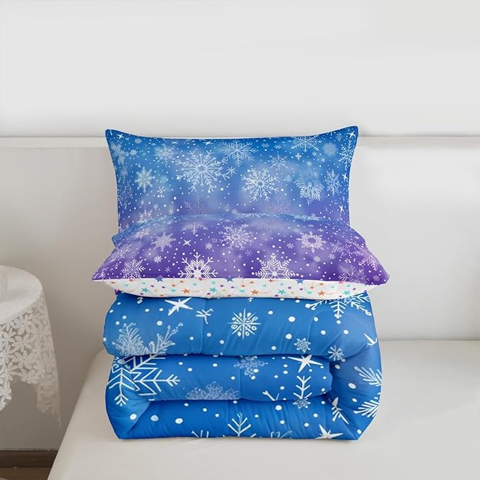 Feelyou Christmas Bedding Set Soft for Boys Girls, Winter Snowflake Comforter Set King Size Purple Blue Gradient Duvet Quilt Microfiber Bedroom Decor 3 Pcs with 2 Pillow Cases