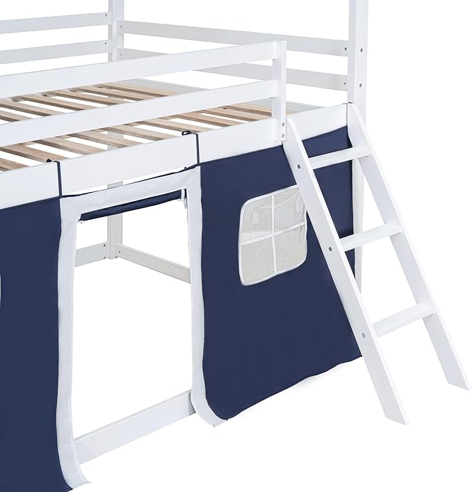 MERITLINE Full Over Full Princess Castle Bunk Bed with Tent,Ladders and Guardrail, Solid Wood Playhouse House Floor Bunk Bed with Windows and Roof (Full,Blue & White)