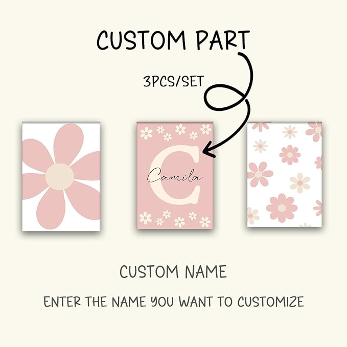 Personalized Girls Nursery Wall Art - Custom Name Stretched Canvas 3pc Framed Daisy Flower Wrapped Painting for Baby Room Kids Bedroom Initial Wall Decor Baby Shower Newborn Birthday Mother's Day Housewarming Christmas Thanksgiving Gift(30×40cm / 11.8×...