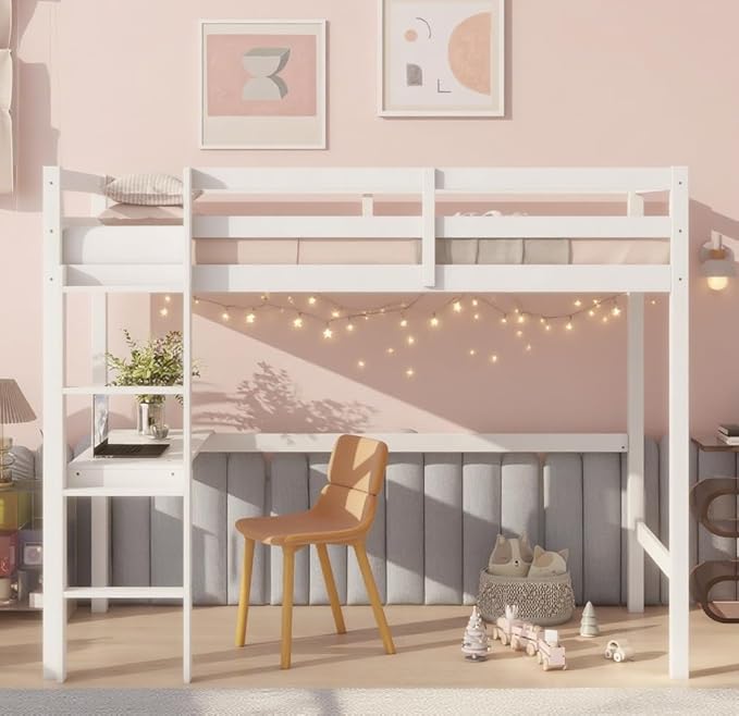 Bellemave Twin Loft Bed with Desk,Loft Bed for Kids, Boys, Girls,Wooden Loft Be Frame with Desk and Ladder, White