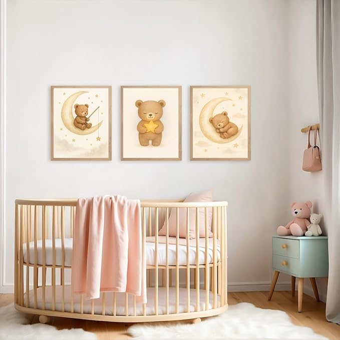 XBQZFLHT 3Pcs Bear Nursery Wall Art Teddy Bear Moon and Stars Canvas Prints Cute Animal Sleeping on the Moon and Cloud Neutral Baby Room Decor Pictures for Boys and Girls 8x10in Unframed