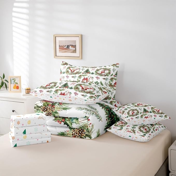 Erosebridal Merry Christmas King Comforter Set with Sheets 7 Piece Red Green Xmas Cardinal Bed in A Bag Xmas Snowman Santa Claus Bedding Sets for Teens Christmas Red Berry Branches Wreath Bed Set