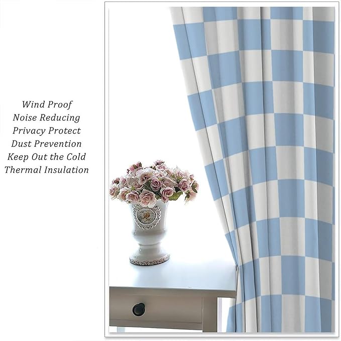 Blue Checkered Curtains,70s Vintage Twisted Checkered Window Drapes Colorful Groovy Trendy Wavy Hippie Grid Print Window Treatments for Kids Girls Bedroom Living Room 55" W X 63" L