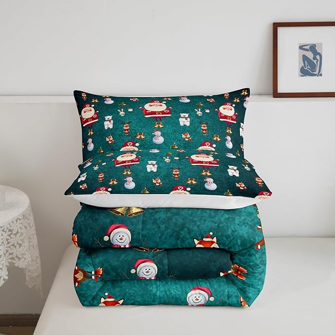 Christmas Comforter Set Cute Snowman Santa Claus Kids Decorations Bedding Set Boys Girls Bear Rabbit Comforter Christmas Bells Design Teal Blue Quilt with 2 Pillowcases 3Pcs Bedding Full