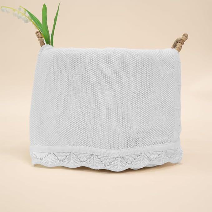 Baby Knit Blanket Soft Breathable Cotton Scallop Border Blankets Newborn Knitted Blanket Swaddle Blankets Gifts for Baby Newborn Toddler Shower Boy Girl New Mom Birthday Christmas White 30x30