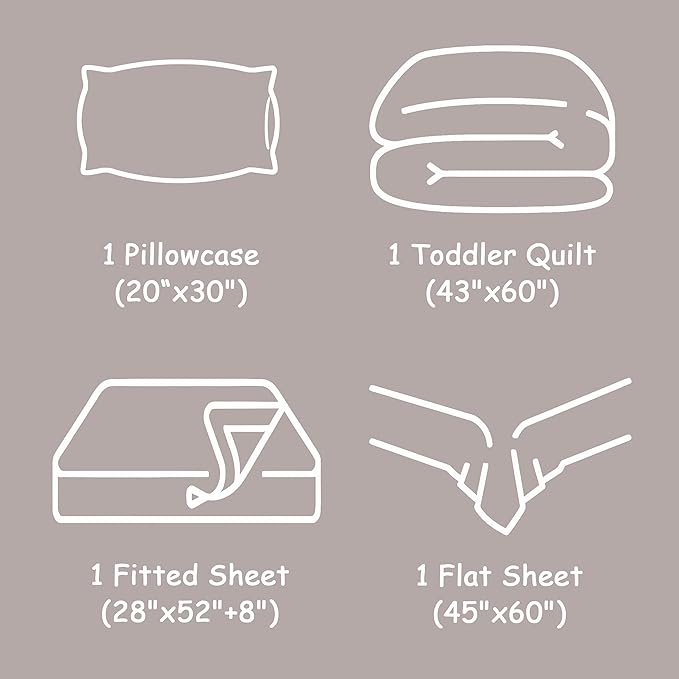 FLXXIE 4 Pieces Toddler Bedding Set, Soft and Breathable Microfiber Crib Sheet Set, Includes Quilted Comforter, Flat Top Sheet, Fitted Sheet, Envelope Pillow Case for Boys and Girls, Light Taupe