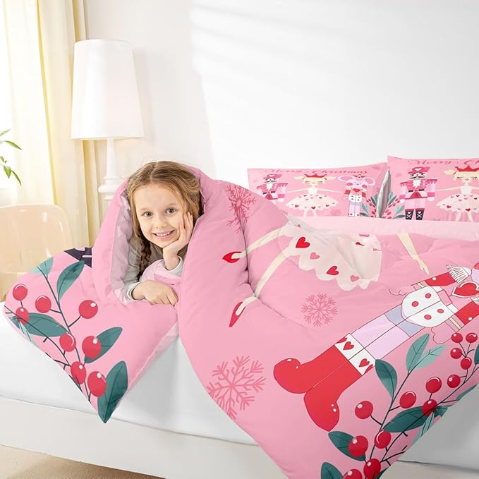 Feelyou Pink Christmas Comforter Set All Season Nutcracker Bedding Set with 1 Pillow Cases Mouse King Microfiber Kids Toddler Bedclothes Royal Guarder Ballet Princess Bedroom Decor Duvet Quilt Soft