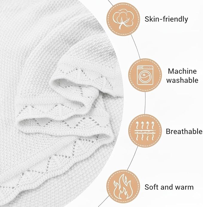 Baby Knit Blanket Soft Breathable Cotton Scallop Border Blankets Newborn Knitted Blanket Swaddle Blankets Gifts for Baby Newborn Toddler Shower Boy Girl New Mom Birthday Christmas White 28x36