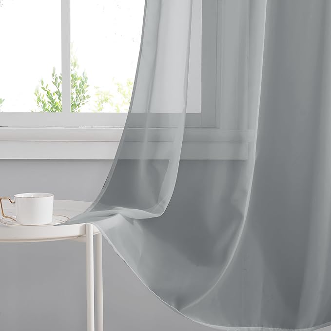 RYB HOME Gray Sheer Curtains, Light Filtering Elegant Solid Grommet Top Vertical Panels, Airy & Breathable Voile Sheer Drapes for Large Window, Living Room, Bedroom, 54W by 90L, Set of 4