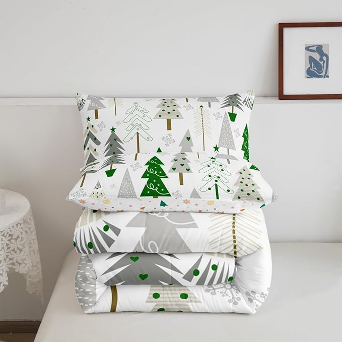 Castle Fairy Xmas Trees Comforter Set Queen Size,Merry Christmas Pine Hand Drawn Bedding Set for Women Adult,Green Plant Snowflakes Winter Luxury Bed Duvet Insert, 2 Pillowcases