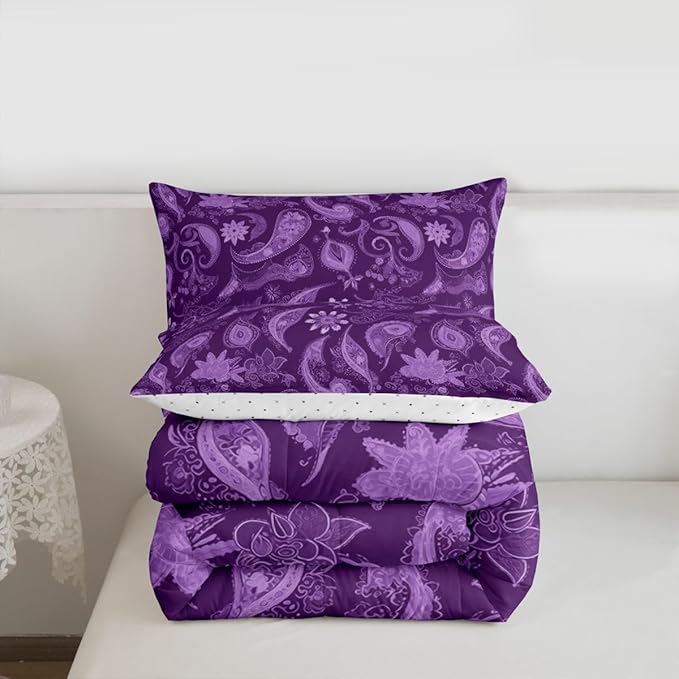 Feelyou Vintage Purple Floral Bedding Set Full Size, Paisley Floral Comforter Set Boho Floral Comforter for Kids Toddler Paisley Duvet Set Microfiber Bed Set