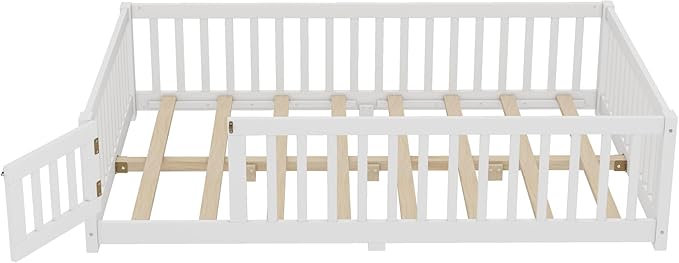 Bellemave Full Size Floor Bed Frame with Fence and Door for Kids, Montessori Floor Bed with Slats and Safety Guardrails,Solid Wood Full Bed Frame for Girls Boys,White