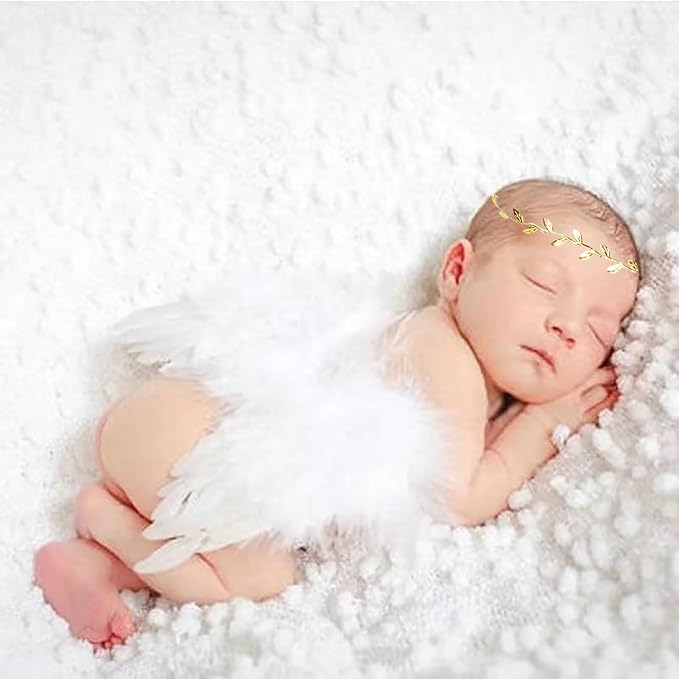 2PCS White Angel Wings With Gold Leaf Headband For Newborn Infant Photography Props Soft Feather Wings For Kids Photo Outfits Baby Girls Costume(Color H, One Size)