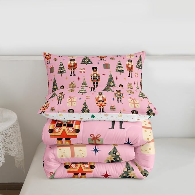jejeloiu Xmas Nutcracker Comforter Set Twin Size Christmas Pink Bedding Set for Kids Boys Girls Cute Snowflakes Duvet Quilt Bedroom Decor
