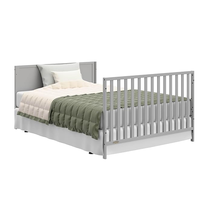Graco Theo 5-in-1 Convertible Crib & Changer (Pebble Gray) GREENGUARD Gold Certified, Converts to Daybed, Toddler Bed, Full Size Bed, Fits Standard Full-Size Crib Mattress, Adjustable Mattress Height