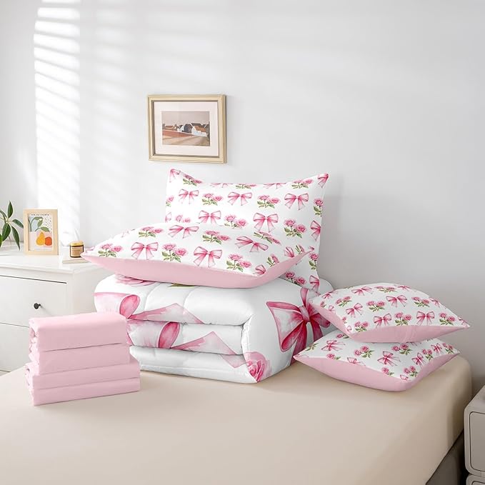 7 Pieces Pink Bowknot Kids Comforter Full,Rose Flowers Valentine's Day Romantic Bedding Set,Pink Bow Tie Knot Princess Dreamy（Comforter+Fitted+Flat Sheet+2 Pillowcases+2 Throw Pillow Covers）