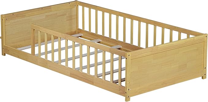 Twin Size Kids Montessori Floor Bed,Twin Floor Bed Frame with Slats and Bookcase,Solid Wood Montessori Bed for Girls Boys,Natural